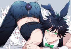 Rule 34 | 1boy, :/, animal, animal ears, arm support, ass, ass zipper, bare shoulders, belt, black hair, black pants, black vest, blouse, blush, bow, bowtie, closed mouth, collared shirt, commentary request, crossed arms, fushiguro megumi, green bow, green bowtie, green eyes, guuchun, hair between eyes, highres, jujutsu kaisen, looking at viewer, male focus, pants, pocket, rabbit, rabbit ears, rabbit tail, shirt, short hair, sleeveless, sleeveless shirt, solo, spiked hair, spread legs, tail, too many, too many rabbits, top-down bottom-up, vest, white shirt, wrist cuffs, zipper, zipper pull tab