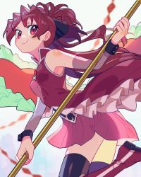 Rule 34 | 1girl, bare shoulders, black bow, black thighhighs, boots, bow, commentary request, detached sleeves, dress, frilled dress, frills, hair bow, highres, holding, holding polearm, holding spear, holding weapon, long hair, mahou shoujo madoka magica, mahou shoujo madoka magica (anime), pink skirt, pleated skirt, polearm, ponytail, red dress, red eyes, red footwear, red hair, sakura kyoko, simple background, skirt, sleeveless, sleeveless dress, smile, solo, spear, thighhighs, very long hair, weapon, wintercakes, zettai ryouiki