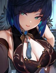 Rule 34 | 1girl, absurdres, bare arms, blue hair, breasts, cleavage, cleavage cutout, clothing cutout, diagonal bangs, genshin impact, green eyes, highres, looking at viewer, marse (rokudaime), mole, mole on breast, open mouth, smile, solo, unfinished, upper body, yelan (genshin impact)