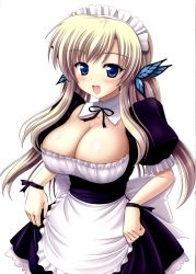 Rule 34 | 10s, 1girl, blonde hair, blue eyes, blush, boku wa tomodachi ga sukunai, breasts, cleavage, happy, highres, huge breasts, kashiwazaki sena, kishi nisen, long hair, looking at viewer, maid, maid headdress, open mouth, simple background, smile, solo, standing, twintails, white background