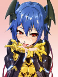Rule 34 | 1girl, blue hair, blush, bodysuit, cum, cum in mouth, cum on hair, cum on hands, cum on tongue, facial, gokkun, gradient hair, hair between eyes, headgear, heart, heart-shaped pupils, highres, licking, long hair, multicolored hair, nandz, nose blush, phantasy star, phantasy star online, phantasy star online 2, quna (pso2), red eyes, red hair, solo, symbol-shaped pupils, tears, twintails, upper body, very long hair, yellow bodysuit, zelsius