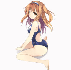 Rule 34 | 1girl, ass, back, bare arms, bare legs, bare shoulders, barefoot, breasts, brown eyes, closed mouth, clothes writing, competition school swimsuit, competition swimsuit, from side, frown, hairband, highres, i-26 (kancolle), kantai collection, light brown hair, long hair, looking at viewer, looking to the side, medium breasts, myuto (advent retribution), name tag, new school swimsuit, one-piece swimsuit, own hands together, school swimsuit, simple background, sitting, smile, solo, swimsuit, two-tone hairband, two side up, wariza, wet, white background