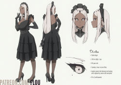 Rule 34 | 1girl, angel, arm up, black dress, black sclera, breasts, character sheet, cleavage, colored sclera, dark-skinned female, dark skin, detached collar, dress, ear ornament, elbow gloves, flou (flou art), frilled dress, frills, from behind, gloves, hand on own hip, high heels, highres, large breasts, looking back, maid, maid headdress, mole, mole under eye, multiple views, original, pantyhose, pleated dress, sleeveless, stella (flou), tall, tall female, white eyes