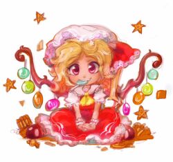 Rule 34 | 1girl, ascot, blonde hair, candy, commentary, dress, english commentary, flandre scarlet, food, food in mouth, frilled dress, frills, hat, hat ribbon, lollipop, looking at viewer, mary janes, medium hair, megabubu, mob cap, puffy short sleeves, puffy sleeves, red dress, red footwear, red ribbon, ribbon, shirt, shoes, short sleeves, sitting, smile, solo, star (symbol), swirl lollipop, touhou, white hat, white shirt, wings, yellow ascot
