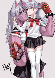 Rule 34 | 1boy, 1girl, animal ears, artist name, black skirt, bow, bracelet, breasts, cat ears, colored skin, commentary request, cowboy shot, crossdressing, feet out of frame, feiqizi (fkey), fingerless gloves, fkey, gloves, grey background, hand up, highres, jewelry, long hair, long sleeves, looking at viewer, medium breasts, miniskirt, muscular, original, pink skin, pleated skirt, pointing, pointing at viewer, ponytail, red bow, red gloves, red neckwear, sailor collar, school uniform, serafuku, signature, silver hair, simple background, skirt, spiked bracelet, spikes, standing, thighhighs, white thighhighs, zettai ryouiki