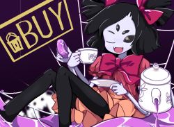Rule 34 | 1girl, arthropod girl, black thighhighs, bow, bug, colored skin, extra arms, extra eyes, fangs, insect girl, monster girl, muffet, purple skin, ribbon, skirt, solo, spider, spider girl, tea, teapot, thighhighs, twintails, undertale