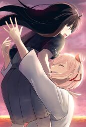 Rule 34 | 2girls, absurdres, black hair, black shirt, blonde hair, blush, bow, chai haru, closed eyes, commentary request, dress, grey skirt, hair bow, hair ribbon, highres, hug, inoue takina, lifting person, long hair, long sleeves, lycoris recoil, multiple girls, nishikigi chisato, open mouth, outdoors, pleated skirt, purple eyes, ribbon, shirt, short hair, skirt, sky, smile, twintails, white shirt, yuri