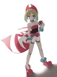 Rule 34 | 1girl, anklet, blonde hair, closed mouth, commentary request, creatures (company), full body, game freak, grey eyes, gucchi (guttii1208), hairband, hand up, highres, holding, holding poke ball, irida (pokemon), jewelry, knees, legs apart, medium hair, nintendo, poke ball, poke ball (legends), pokemon, pokemon legends: arceus, red footwear, red hairband, red shirt, sash, shirt, shoes, shorts, solo, standing, strapless, strapless shirt, waist cape, white background, white shorts