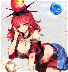 Rule 34 | 1girl, absurdres, black shirt, breasts, chain, cleavage, earrings, earth (ornament), earth (planet), gold chain, hecatia lapislazuli, highres, jewelry, large breasts, moon, moon (ornament), multicolored clothes, multicolored skirt, off-shoulder shirt, off shoulder, plaid, plaid skirt, planet, pointy ears, raptor7, red eyes, red hair, shirt, skirt, t-shirt, touhou