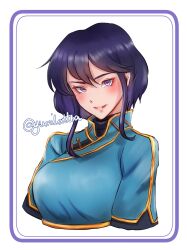 Rule 34 | 1girl, absurdres, artist name, black hair, blue tunic, blush, closed mouth, cosplay, costume switch, fire emblem, fire emblem: genealogy of the holy war, hair between eyes, highres, larcei (fire emblem), looking at viewer, nintendo, purple eyes, short hair, sidelocks, signature, simple background, solo, tunic, twitter username, upper body, white background, yumikari07