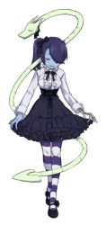 Rule 34 | 1girl, alternate costume, bad id, bad pixiv id, blue skin, breasts, closed eyes, colored skin, dress, full body, ganno, gothic lolita, hair over one eye, highres, leviathan (skullgirls), lolita fashion, pantyhose, ribbon, shoes, short hair, side ponytail, skullgirls, solo, squigly (skullgirls), standing, stitched mouth, stitches, striped clothes, striped pantyhose, transparent background, zombie