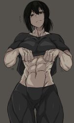 Rule 34 | 1girl, abs, absurdres, black eyes, black hair, breasts, clothes lift, freckles, frown, highres, large breasts, looking down, muscular, muscular female, original, pants, ponytail, shirt lift, solo, sweat, tight clothes, tight pants, underboob, zokusuke