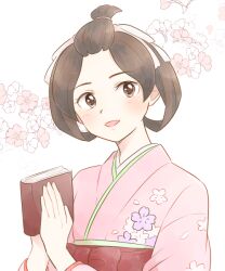 Rule 34 | 1girl, ace attorney, bangs pinned back, blush, book, brown eyes, brown hair, cherry blossoms, floral print, hair ribbon, hair rings, holding, holding book, japanese clothes, kimono, long sleeves, looking at viewer, mai8484, open mouth, pink kimono, ribbon, short hair, smile, solo, susato mikotoba, the great ace attorney, updo, upper body