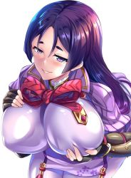 Rule 34 | 1girl, black gloves, blush, bodysuit, breast lift, breasts, cowboy shot, fate/grand order, fate (series), fingerless gloves, gloves, hinata sora, japanese clothes, large breasts, leaning forward, long hair, looking at viewer, minamoto no raikou (fate), parted lips, purple bodysuit, purple eyes, purple hair, seductive smile, smile, solo, very long hair