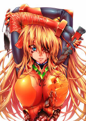 Rule 34 | 00s, 10s, 144 (riesztan), 1girl, alternate breast size, arms up, bad id, bad pixiv id, blood, bloody knife, blue eyes, bodysuit, boxcutter, breasts, entrails, evangelion: 2.0 you can (not) advance, evangelion: 3.0 you can (not) redo, eyepatch, unworn eyepatch, guro, highres, knife, large breasts, long hair, looking at viewer, maggot, multicolored clothes, neon genesis evangelion, orange hair, organs, plugsuit, rebuild of evangelion, simple background, smile, solo, souryuu asuka langley, white background