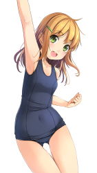 Rule 34 | 1girl, armpits, blonde hair, covered navel, cowboy shot, gluteal fold, green eyes, highres, looking at viewer, medium hair, one-piece swimsuit, open mouth, original, school swimsuit, shibacha (shibacha 0728), simple background, smile, solo, swimsuit, teeth, upper teeth only, white background