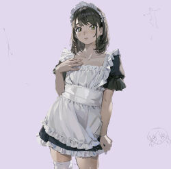 Rule 34 | 1girl, apron, black hair, blush, collarbone, contrapposto, frilled apron, frilled headwear, frilled sleeves, frills, green eyes, grey background, highres, lips, looking at viewer, maid, maid apron, maid headdress, medium hair, nogikeyametal, original, parted lips, short sleeves, single thighhigh, solo, thighhighs