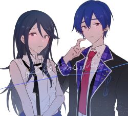 Rule 34 | 1boy, 1girl, bare shoulders, black eyes, black hair, blue hair, blue nails, blush, closed mouth, collared shirt, commentary request, double-parted bangs, glasses, hoshino ichika (project sekai), kaito (vocaloid), lapels, leo/need (project sekai), leo/need kaito, long hair, long sleeves, necktie, notched lapels, open collar, parang 99, project sekai, red necktie, school uniform, shirt, short hair, sideways glance, sleeveless, suspenders, tie clip, upper body, vocaloid, white background, white shirt