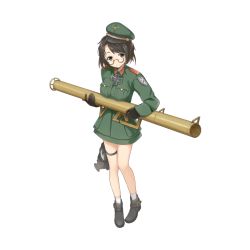 Rule 34 | 1girl, bazooka, black hair, electronic firearm, full body, gas mask, glasses, hat, looking at viewer, man-portable anti-tank systems, mask, milihime taisen, military, military hat, military uniform, official art, panzerschreck, rocket launcher, short hair, simple background, solo, transparent background, uniform, weapon