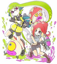 Rule 34 | 1girl, agent 3 (splatoon), armor, belt, bike shorts, blonde hair, boots, comamawa, fingerless gloves, gloves, goggles, goggles around neck, green eyes, headphones, hero shot (splatoon), inkling, inkling girl, inkling player character, long hair, long sleeves, looking at another, nintendo, octoling, octoling girl, octoling player character, octoshot (splatoon), purple eyes, red hair, shirt, shoes, splatoon (series), vest