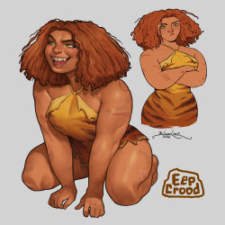 Rule 34 | 1girl, absurdres, all fours, animal skin dress, bite mark, blanclauz, cavewoman, character name, crossed arms, dirty, eep crood, freckles, green eyes, grey background, highres, kneeling, long hair, messy hair, multiple views, open mouth, orange hair, scar, signature, simple background, teeth, the croods