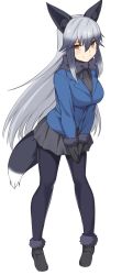 Rule 34 | 1girl, animal ears, black footwear, black gloves, black pantyhose, black shirt, blazer, blue jacket, blush, bow, bowtie, closed mouth, commentary, fox ears, fox tail, full body, fur-trimmed footwear, fur-trimmed sleeves, fur trim, gloves, grey bow, grey bowtie, grey hair, grey skirt, jacket, kemono friends, leaning forward, light blush, loafers, long hair, long sleeves, looking at viewer, miniskirt, multicolored hair, orange eyes, own hands together, pantyhose, pleated skirt, shirt, shiseki hirame, shoes, silver fox (kemono friends), simple background, skirt, smile, solo, split mouth, standing, tail, white background