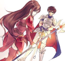 Rule 34 | 1boy, 1girl, altena (fire emblem), armor, belt, blue gloves, blue shirt, boots, breastplate, brother and sister, brown belt, brown eyes, brown hair, chikefu, cowboy shot, detached sleeves, dress, fingerless gloves, fire emblem, fire emblem: genealogy of the holy war, gae bolg (fire emblem), garter straps, gloves, highres, leif (fire emblem), light brand, long hair, long sleeves, looking at viewer, nintendo, pants, planted, planted sword, planted weapon, red armor, red dress, red thighhighs, shirt, short dress, short hair, short sleeves, shoulder armor, siblings, simple background, standing, sword, thighhighs, very long hair, weapon, white armor, white background, white footwear, white pants