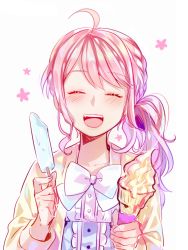 Rule 34 | 1girl, ^ ^, ahoge, alternate hairstyle, bang dream!, blush, bow, bowtie, closed eyes, food, here (artist), holding, holding food, ice cream, ice cream cone, jacket, long hair, long sleeves, maruyama aya, pink hair, popsicle, side ponytail, sidelocks, simple background, solo, upper body, white background, white bow, white bowtie, yellow jacket