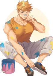 Rule 34 | 1boy, bara, blonde hair, blush, collarbone, finger on nose, full body, granblue fantasy, green eyes, higashigunkan, large pectorals, looking at viewer, male focus, muscular, one eye closed, paint, paint can, paint on body, paint on clothes, paint on fingers, paint splatter, paint splatter on face, pectorals, shirt, shoes, solo, toned, toned male, vane (granblue fantasy), white background
