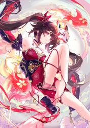 Rule 34 | 1girl, absurdres, bare shoulders, barefoot, bell, black gloves, brown hair, choker, fish, foot out of frame, fox mask, gloves, goldfish, highres, holding, holding mask, honkai: star rail, honkai (series), japanese clothes, long hair, looking at viewer, mask, nail polish, neck bell, red eyes, single glove, smile, solo, sparkle (honkai: star rail), toenail polish, toenails, twintails, vardan, very long hair