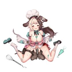 Rule 34 | 1girl, animal ear fluff, animal ears, ankle socks, apron, areola slip, back bow, bandaid on ear, bare shoulders, belt, black belt, black footwear, blush, bow, breasts, brown hair, chef hat, chocolate, chocolate on body, chocolate on breasts, chocolate on head, chocolate on legs, chocolate on pussy, closed eyes, convenient censoring, crossed bandaids, cuts, dispenser, dog ears, dog girl, dog tail, dress, fang, food on body, full body, green neckerchief, grey hair, hachiko of castling, hat, heart, highres, huge bow, injury, large breasts, last origin, low twintails, mary janes, mel (dodosae), mint, mint chocolate, multicolored hair, navel, neckerchief, off-shoulder dress, off shoulder, official alternate costume, official art, open mouth, oven mitts, partially visible vulva, pastry bag, pink dress, pouch, puffy sleeves, shoes, short twintails, sidelocks, simple background, single shoe, sitting, socks, solo, spice, split-color hair, tachi-e, tail, tearing up, thick thighs, thigh belt, thigh pouch, thigh strap, thighs, third-party source, tongue, torn apron, torn bow, torn clothes, torn dress, torn neckerchief, torn sleeves, torn socks, transparent background, twintails, two-tone hair, unworn shoes, valentine, wariza, whisk, white apron, white bow, white hat, white socks