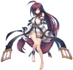 Rule 34 | 1girl, absurdly long hair, ahoge, arm belt, artist request, bare legs, bare shoulders, barefoot, belt, belt buckle, black belt, bound, bound arms, buckle, chain, chained, character request, final gear, gold buckle, knees, logo, long hair, long sleeves, looking at viewer, low-tied long hair, low ponytail, name tag, number print, numbered, o-ring, off shoulder, official art, ponytail, purple hair, red eyes, sidelocks, simple background, tachi-e, thigh belt, thigh strap, third-party source, transparent background, very long hair, white sleeves, worried, zipper, zipper pull tab