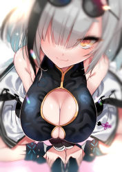 Rule 34 | 1girl, arknights, back mountain, bare shoulders, black footwear, blurry, blush, breasts, cleavage cutout, closed mouth, clothing cutout, eyewear on head, feater (arknights), from above, hair over one eye, highres, indian style, large breasts, looking at viewer, orange eyes, short hair, silver hair, sitting, sleeveless, smile, solo, sunglasses, thick eyebrows, white background