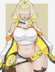 Rule 34 | 1girl, :d, ahoge, artist name, bare shoulders, black gloves, blonde hair, breasts, c1nist3r, clothing cutout, crop top, cropped sweater, elegg (nikke), exposed pocket, gloves, goddess of victory: nikke, grey shorts, hair intakes, hair over eyes, highres, large breasts, long bangs, long sleeves, micro shorts, multicolored clothes, multicolored gloves, multicolored hair, navel, open mouth, short hair, shorts, shoulder cutout, smile, solo, suspender shorts, suspenders, thigh gap, thigh strap, thighs, two-tone hair, yellow gloves