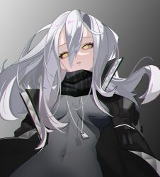 Rule 34 | 1girl, absurdres, black jacket, black scarf, bodysuit, breasts, commentary request, covered navel, girls&#039; frontline, gradient background, grey background, grey bodysuit, grey hair, hair between eyes, highres, jacket, jewelry, long hair, medium breasts, necklace, no pupils, nyto (girls&#039; frontline), paradeus, scarf, solo, sq, tareus (girls&#039; frontline), upper body, yellow eyes