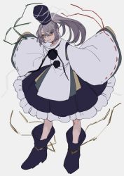 1girl bad_id bad_twitter_id black_footwear black_hat black_skirt boots frilled_skirt frills full_body grey_eyes grey_hair hair_between_eyes hat highres japanese_clothes kariginu long_hair long_sleeves looking_at_viewer marimo_tarou monochrome mononobe_no_futo one-hour_drawing_challenge parted_lips pom_pom_(clothes) ponytail simple_background skirt smile solo standing tate_eboshi touhou white_background wide_sleeves