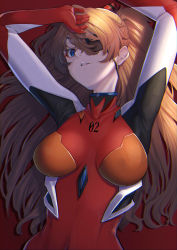 Rule 34 | 1girl, blue eyes, breasts, commentary request, evangelion: 3.0 you can (not) redo, eyepatch, highres, long hair, looking at viewer, medium breasts, mikan (chipstar182), neon genesis evangelion, orange hair, plugsuit, rebuild of evangelion, red background, solo, souryuu asuka langley, upper body