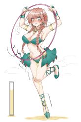 Rule 34 | 1girl, armlet, armpits, arms up, bandeau, bangle, bare shoulders, blush, bracelet, braid, breasts, breath, brown hair, butterfly hair ornament, cleavage, clenched hands, clenched teeth, constricted pupils, dancer, earrings, embarrassed, female focus, full body, green bandeau, green eyes, green footwear, green panties, green skirt, groin, hair ornament, have to pee, highres, holding, hoop, hula hoop, japanese text, jewelry, knees together feet apart, leg up, long hair, looking down, navel, necklace, nose blush, o-ring, o-ring top, original, panties, pee, peeing, peeing self, puddle, ring, shoes, showgirl skirt, sidelocks, simple background, skirt, solo, speech bubble, standing, standing on one leg, steam, stomach, suigyoku hiren, sweat, teeth, translation request, twin braids, underwear, urine meter, wet, wet clothes, wet panties, white background, wide-eyed