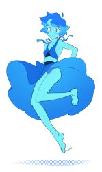 Rule 34 | 1girl, barefoot, bikini, blue bikini, blue eyes, blue hair, blue sarong, blue skin, breasts, closed mouth, colored skin, commentary request, crop top, full body, highres, lapis lazuli (steven universe), looking at viewer, nano8, sarong, short hair, signature, simple background, small breasts, solo, steven universe, swimsuit, upskirt, white background