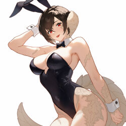 Rule 34 | 1girl, animal ears, au ra, black leotard, breasts, brown hair, covered navel, cowboy shot, final fantasy, final fantasy xiv, grey scales, hand in own hair, highleg, highleg leotard, highres, horns, large breasts, leotard, light smile, lizard tail, looking at viewer, lyra-kotto, parted lips, playboy bunny, rabbit ears, red eyes, red lips, reptile girl, scales, short hair, skin tight, solo, strapless, strapless leotard, tail, thick thighs, thighs, warrior of light (ff14), white background, wrist cuffs