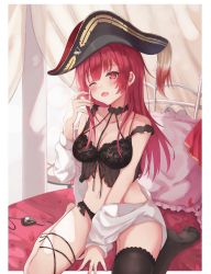 Rule 34 | 1girl, between legs, black legwear, black panties, blouse, blush, breasts, bustier, cleavage, curtains, eyepatch, unworn eyepatch, fang, feet, hand between legs, hat, highres, hololive, houshou marine, leg ribbon, lingerie, long hair, miakiuehashi, navel, on bed, one eye closed, open clothes, open mouth, open shirt, panties, petals, pillow, pirate hat, playing with own hair, red eyes, red hair, ribbon, seiza, shirt, sitting, thigh gap, thigh ribbon, underwear, virtual youtuber, window