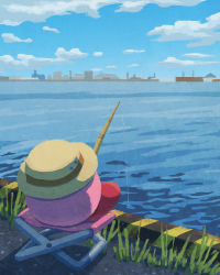 Rule 34 | blue sky, building, cloud, day, fishing, fishing line, fishing rod, grass, hat, highres, holding, holding fishing rod, kirby, kirby (series), miclot, nintendo, ocean, outdoors, road, scenery, sitting, sky, solo, summer