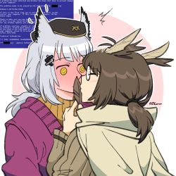 Rule 34 | 2girls, arknights, black headwear, blue screen of death, blush, brown cape, brown hair, brown sweater, cape, dlanon, closed eyes, feathers, full-face blush, glasses, grey hair, hair ornament, hand up, holding, holding feather, medium hair, multiple girls, orange sweater, owl ears, pink background, ptilopsis (arknights), ptilopsis (serenity) (arknights), purple sweater, ribbed sweater, short ponytail, silence (arknights), silence (frosted breath) (arknights), simple background, sweater, twitter username, two-tone background, white background, yellow eyes, yuri