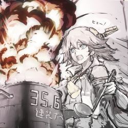 Rule 34 | 1girl, blue eyes, brown hair, cooking pot, detached sleeves, explosion, headgear, hiei (kancolle), kantai collection, ladle, nona (goodboy), nontraditional miko, open mouth, solo, translation request, upper body