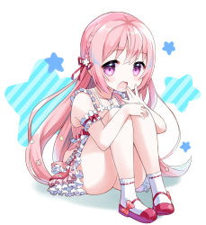 Rule 34 | 1girl, amimi, braid, commission, dress, full body, hand on own knee, hand to own mouth, highres, knees up, legs, long hair, mary janes, open mouth, original, pink dress, pink eyes, pink hair, red footwear, ribbon, shoes, short dress, sitting, skeb commission, socks, solo, sundress, thighs