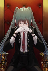 Rule 34 | 1girl, absurdres, chair, coat, eyebrows hidden by hair, formal, glasses, gloves, green eyes, green hair, hair between eyes, hatsune miku, highres, long hair, looking at viewer, military, military uniform, necktie, shirt, sihana156, sitting, solo, suit, twintails, uniform, vocaloid, watch, white gloves, white shirt