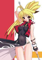 Rule 34 | 1girl, animal ears, antenna hair, beads, blonde hair, breasts, breasts apart, capcom, cropped jacket, covered erect nipples, gloves, looking at viewer, maebari, namco, namco x capcom, no panties, red eyes, ruuen rouga, smile, solo, standing, weapon, wind, xiaomu