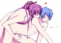 Rule 34 | 2boys, all fours, anal, bare shoulders, blue hair, closed eyes, cum, doggystyle, handjob, heart, kaito (vocaloid), kamui gakupo, kiss, kissing shoulder, leg grab, legs, long hair, male focus, male penetrated, mibu s, moaning, multiple boys, nude, open mouth, penis, ponytail, purple hair, sex, sex from behind, short hair, simple background, tears, vocaloid, white background, yaoi