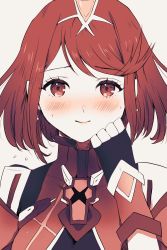 Rule 34 | 1girl, beige background, black gloves, blush, closed mouth, fingerless gloves, gloves, hair between eyes, highres, looking at viewer, portrait, pyra (xenoblade), red eyes, red hair, short hair, simple background, smile, solo, sweat, tiara, xenoblade chronicles (series), xenoblade chronicles 2, yamamori kinako