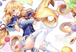 Rule 34 | absurdres, ahoge, azur lane, blonde hair, blush, breasts, cake, cleavage, food, frills, garter straps, gloves, green eyes, hands up, highres, holding, huge filesize, le temeraire (azur lane), long hair, medium breasts, one eye closed, open mouth, riichu, scan, simple background, smile, thighhighs, thighs, white legwear, zettai ryouiki